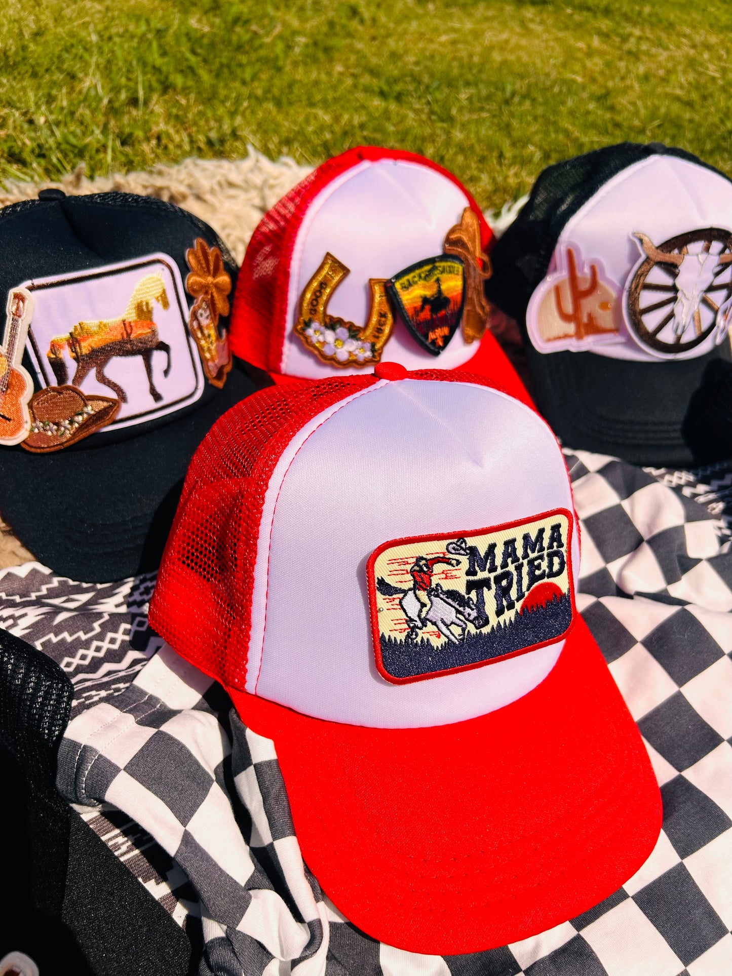 "Mama Tried" Patch Trucker Hat in Red