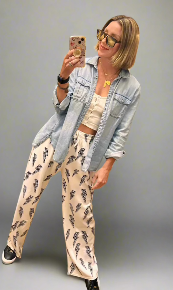 Checkered Lightening Bolt Ladies Wide Leg Pants
