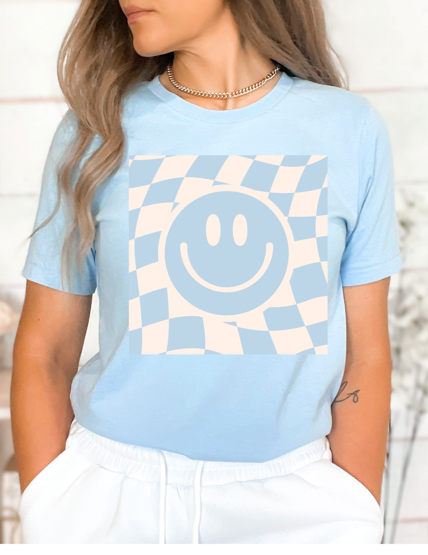 Checkerboard Smiley Face Graphic T-Shirt