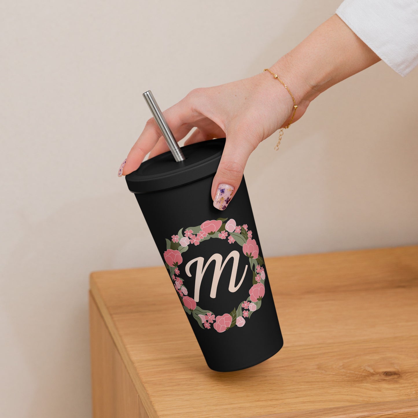 Custom Initial Tumbler with Lid and Straw