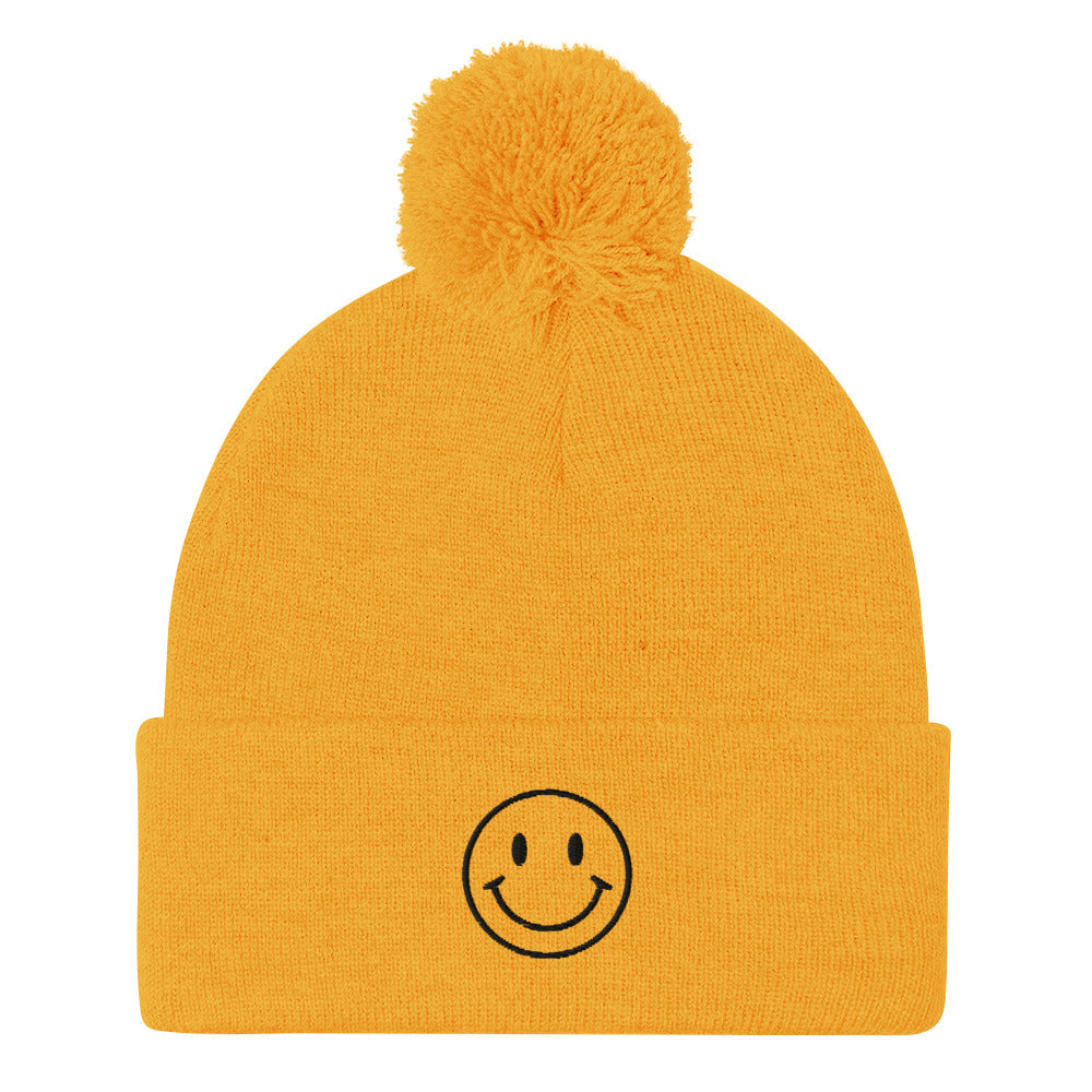 Smiley Face Pom Pom Stocking Cap