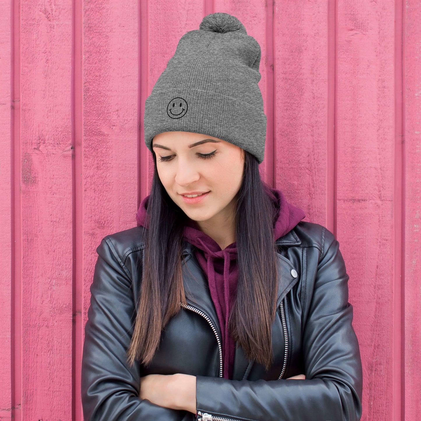 Smiley Face Pom Pom Stocking Cap