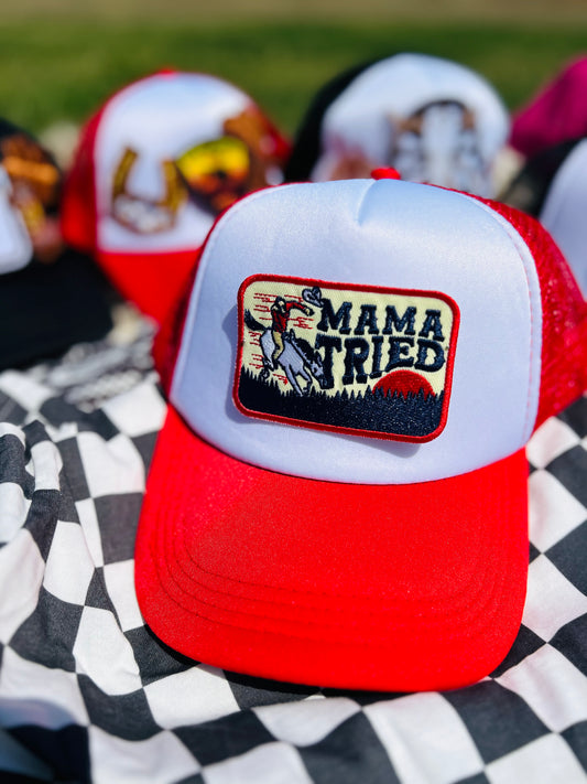 "Mama Tried" Patch Trucker Hat in Red