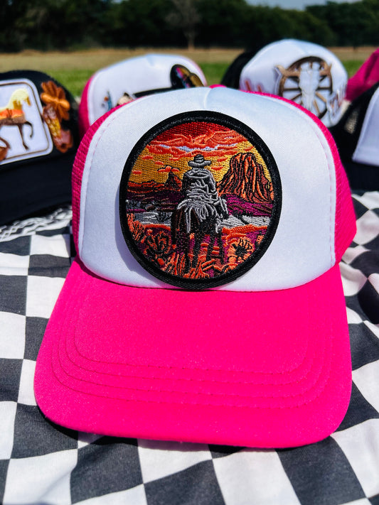 Sunset Cowboy Trucker Hat in Pink