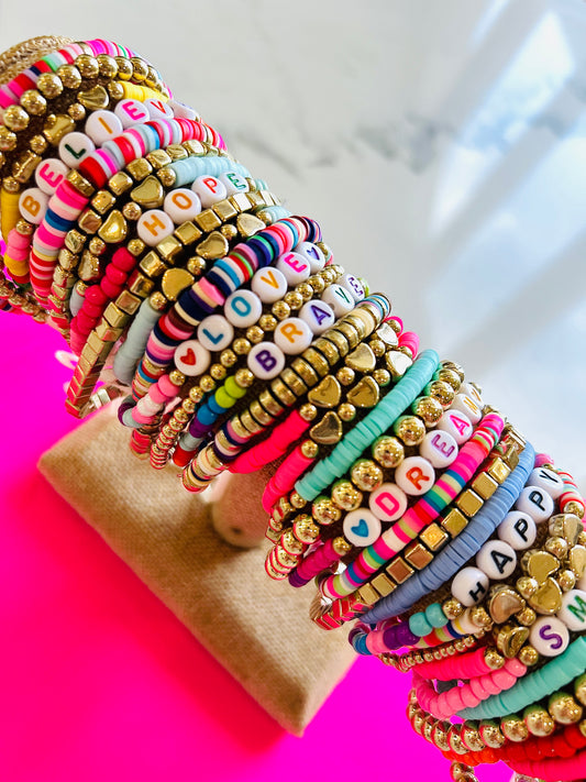 Beaded Stack Bracelet Set-"HAPPY”