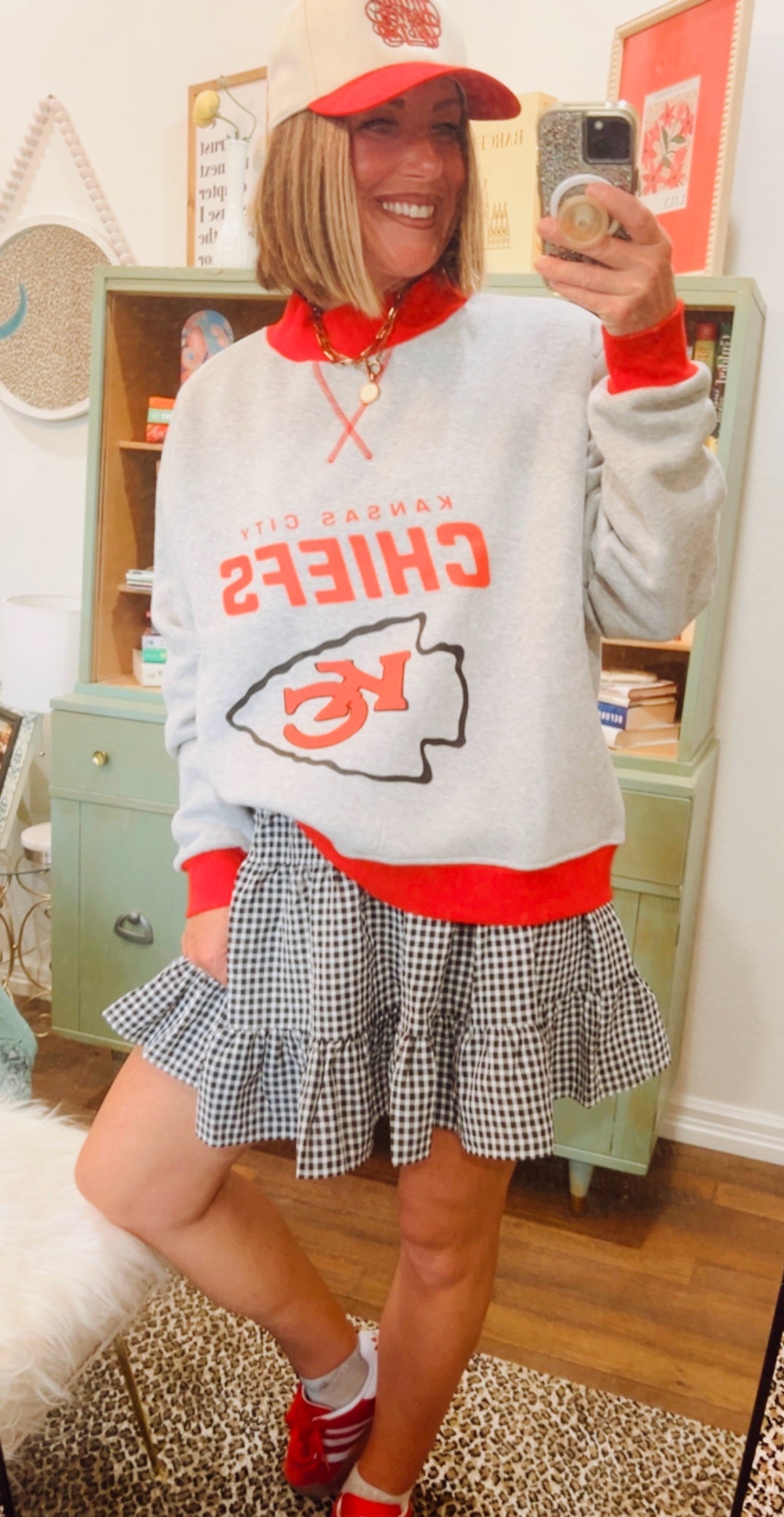 Chiefs Nation Sweatshirt styled with gingham ruffle skirt