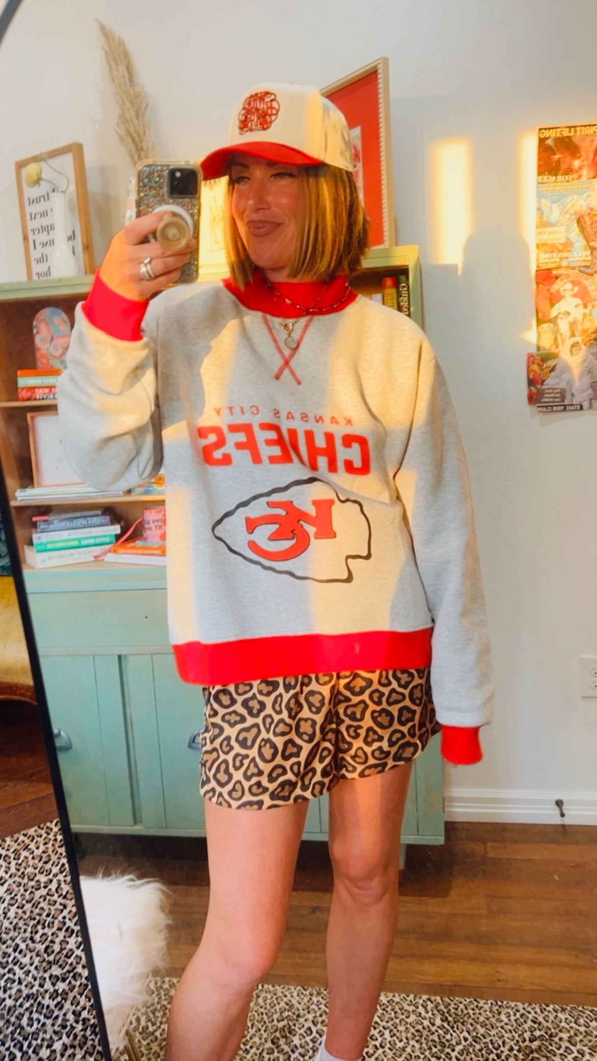 Chiefs Nation Sweatshirt styled with leopard shorts