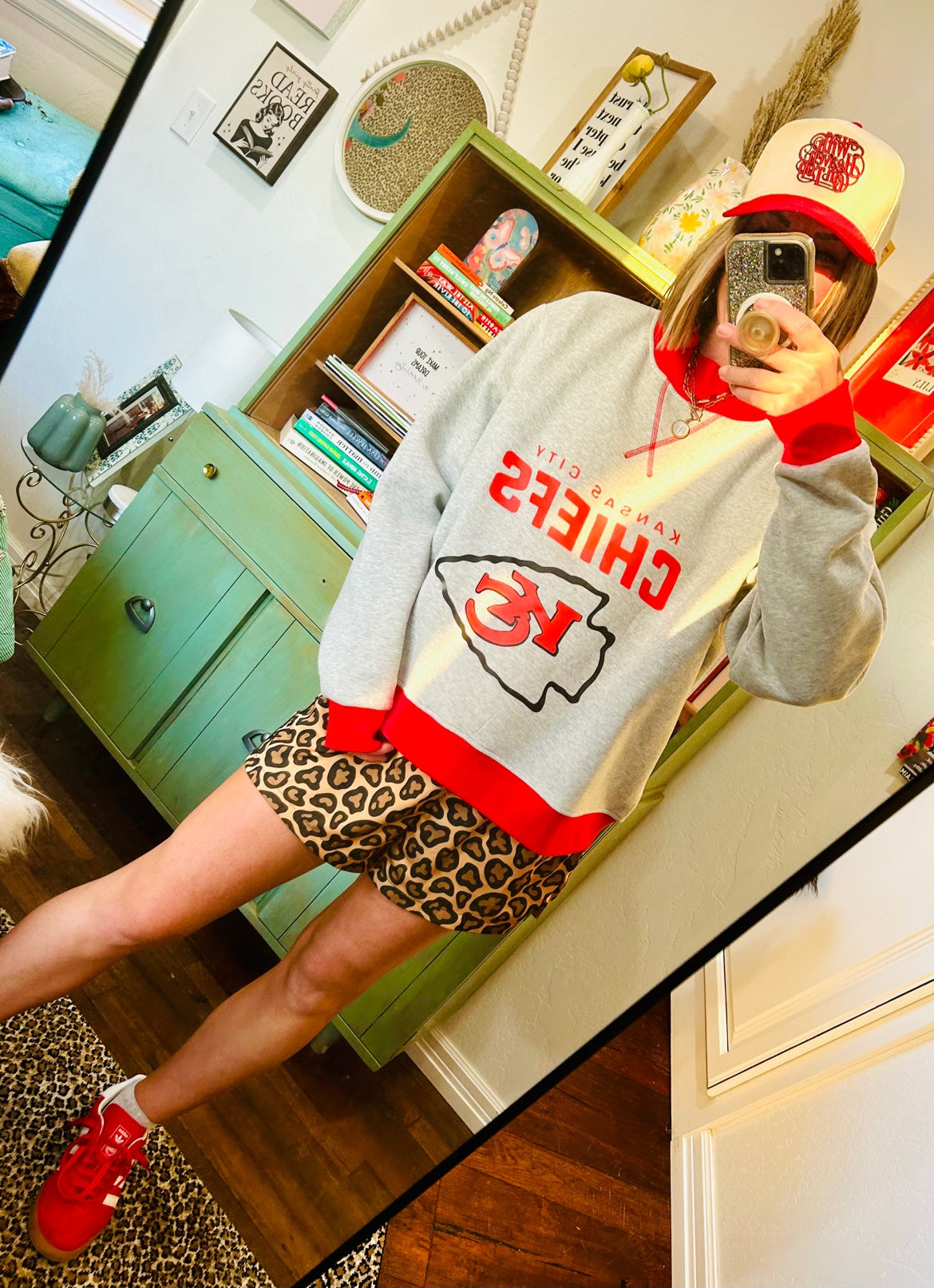 Chiefs Nation Sweatshirt styled with leopard shorts