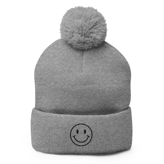 Smiley Face Pom Pom Stocking Cap