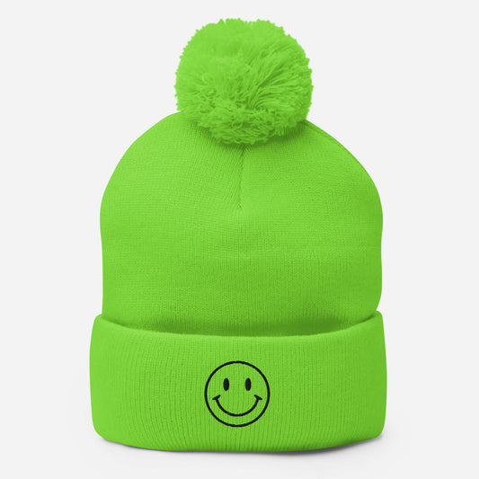 Smiley Face Pom Pom Stocking Cap