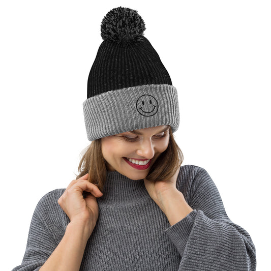 Smiley Face Pom Pom Stocking Cap